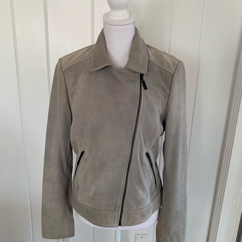 Halogen Women's Stone Taupe Grey Leather Moto Jacket Size M